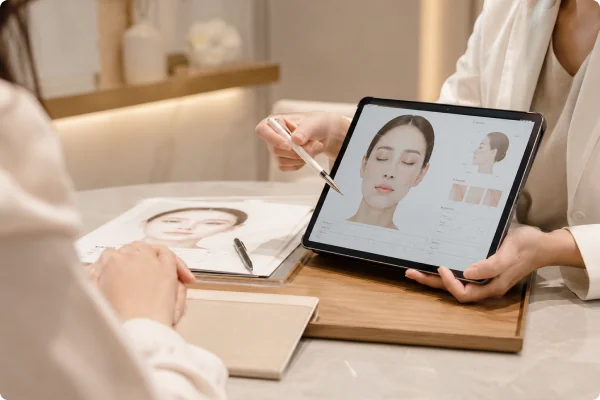태블릿 피부 분석 화면을 보며 상담하는 모습