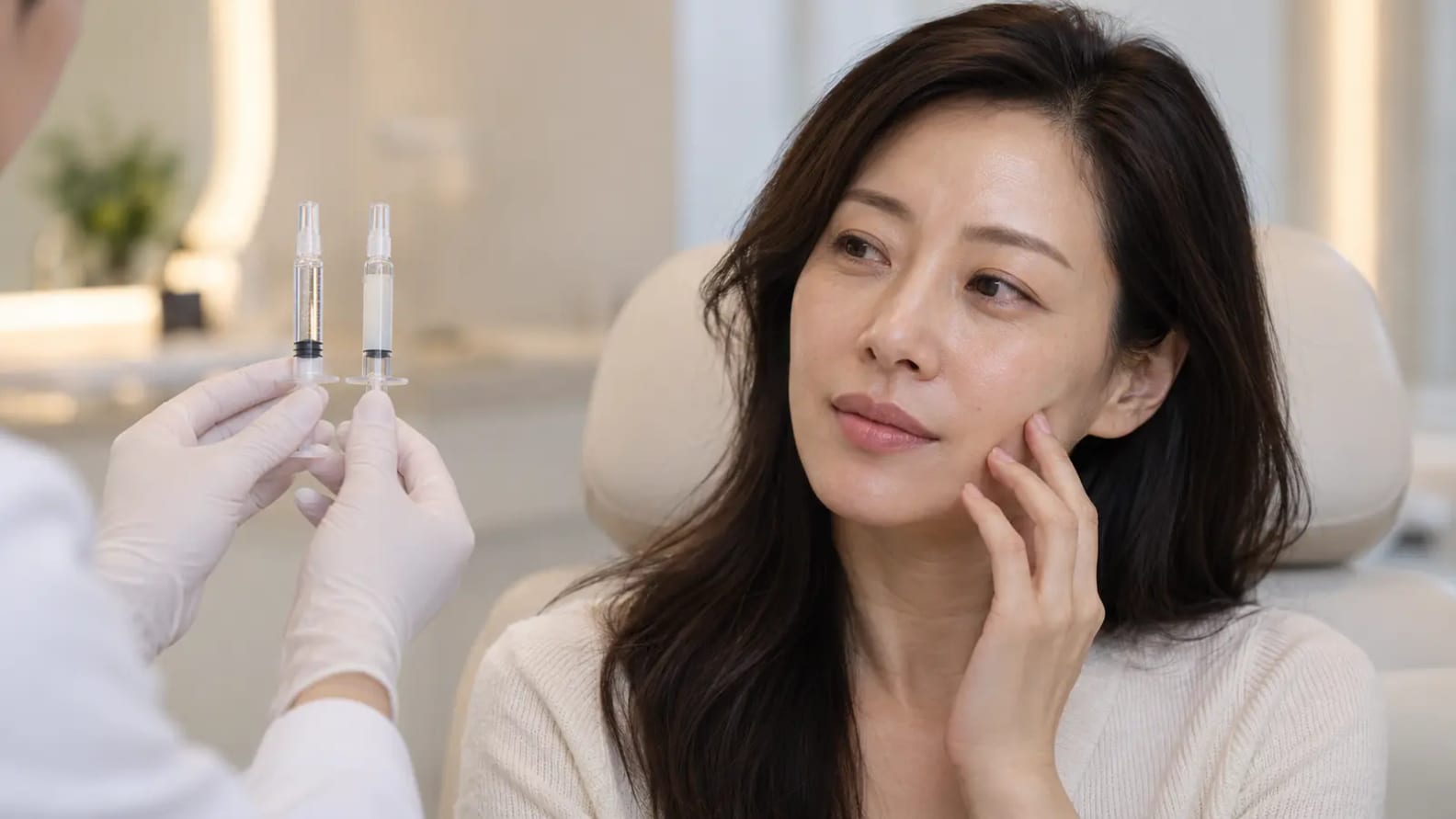 여성이 의료진이 들고 있는 두 개의 주사기를 바라보는 모습